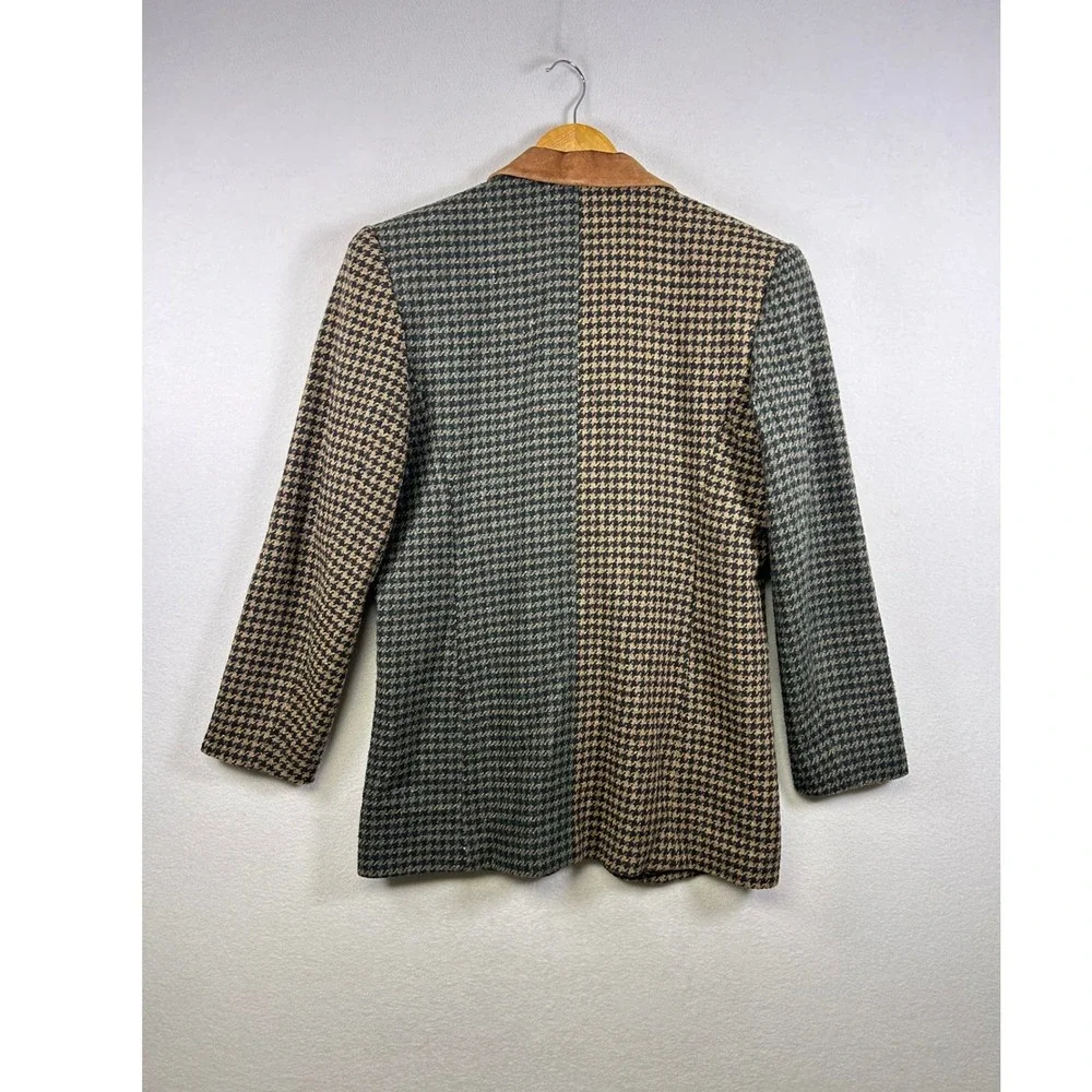 Vintage JL‎ Colebrook Blazer Women 6 Green Tan Houndstooth Wool Blend Suede Trim